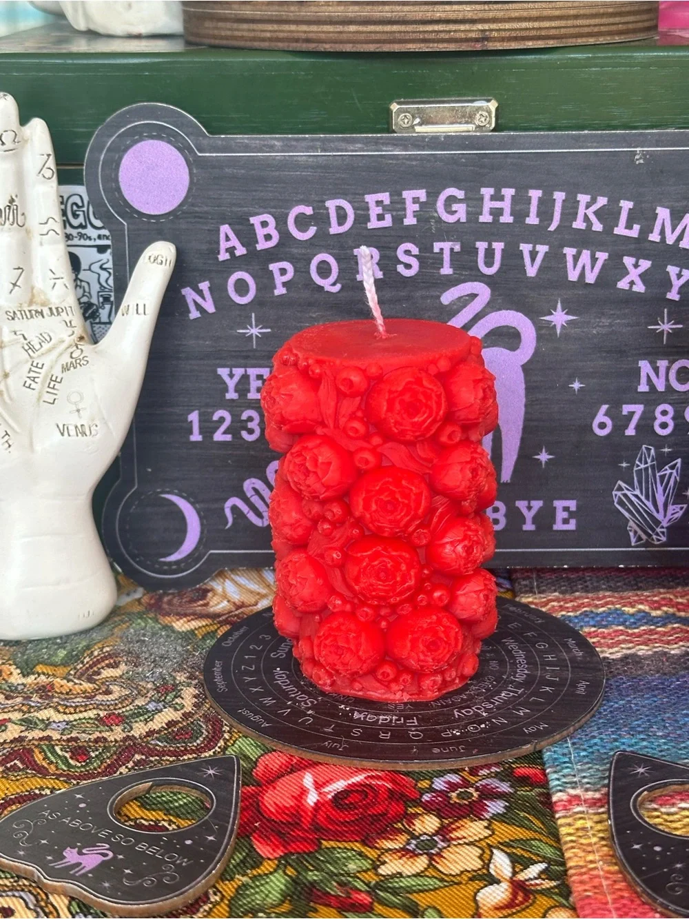 Red Floral & Berry Pillar Candle | Gothic Cottagecore Decor